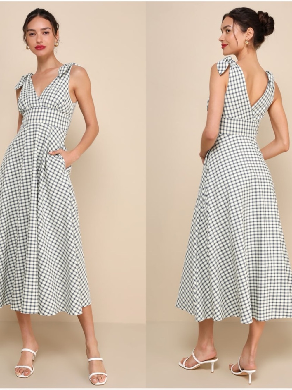 LULU'S Sweetest Posture Navy and Cream Gingham Midi Dress With Pockets